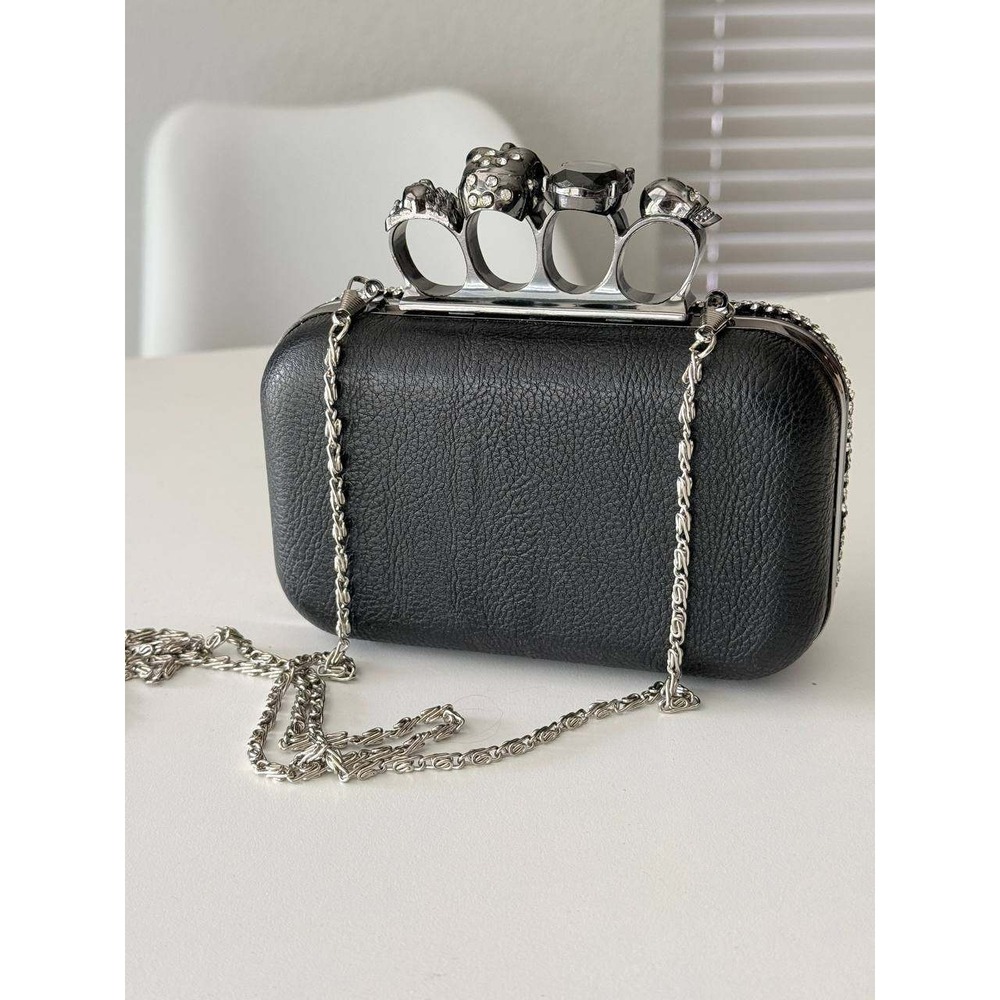 Skull Knuckle Duster Clutch Rhinestone Crystal Black Evening Bag Crossbody - Picture 2 of 6